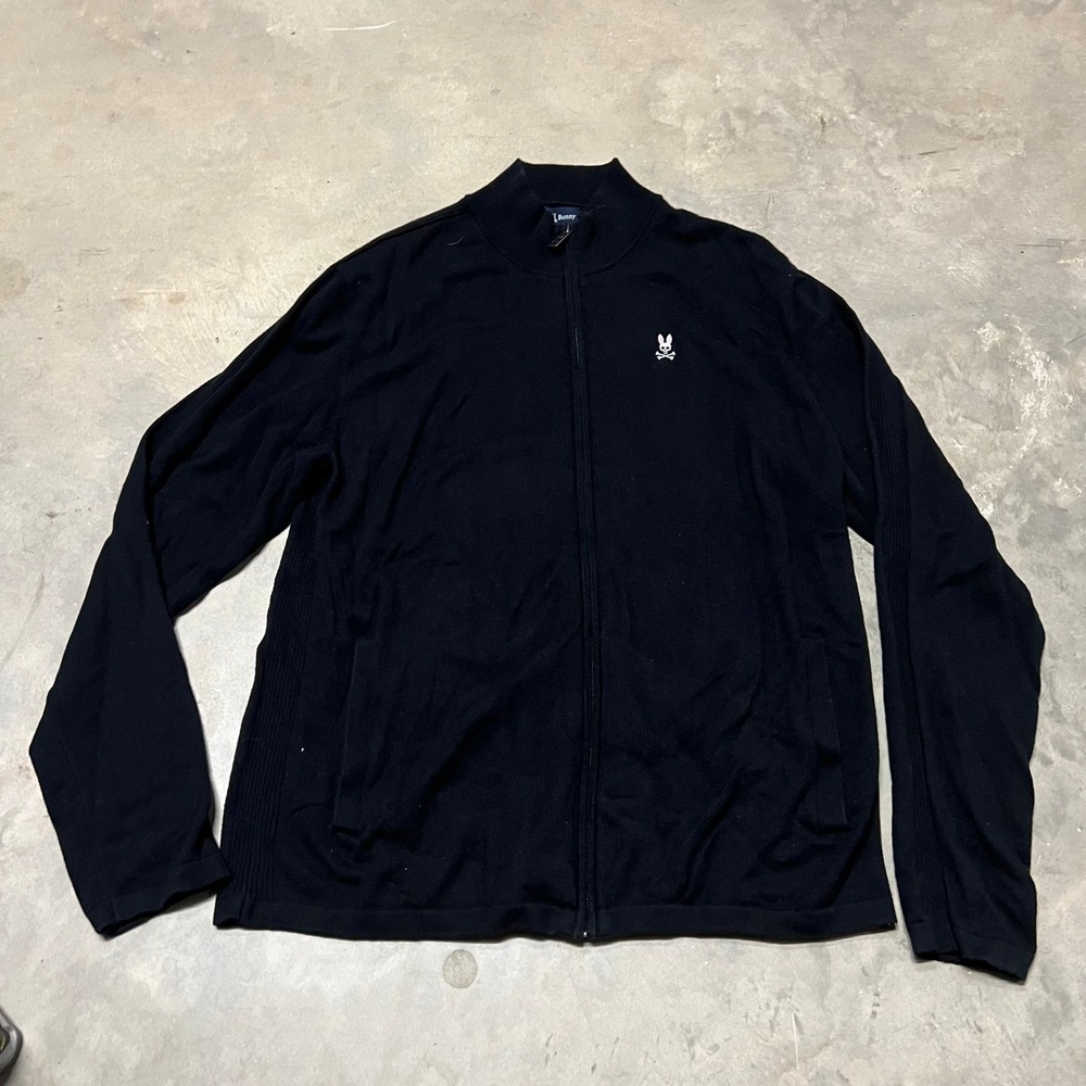 Psycho Bunny Mens Black Full Zip Supima Cotton Merino Wool Sweater B6E733A2SW XL